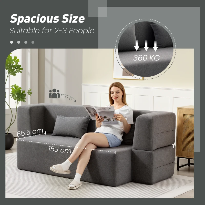 HOMCOM Dwuosobowa sofa z pianki, kanapa z szerokimi podłokietnikami, 2 poduszki, nośność 360 kg, kolor szary