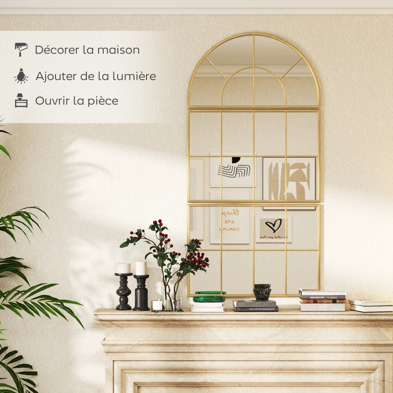 HOMCOM Miroir mural arqué miroir mural en forme de fenêtre ensemble de 3 pièces cadre en métal 76 x 150 cm doré