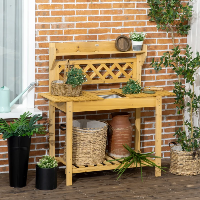 Outsunny Table de rempotage avec tablettes coulissantes évier 2 étagères bois de sapin 92 x 45 x 120 cm