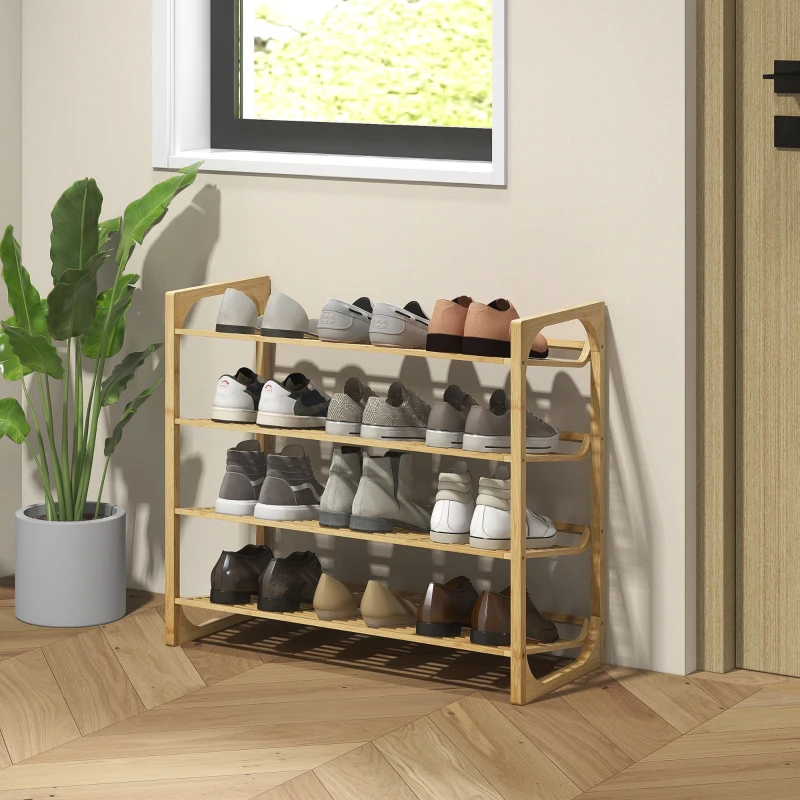 HOMCOM Étagère à chaussures à 4 niveaux, rangement chaussures 12 paires au design à lattes, bambou, 76x33x67cm, bois naturel