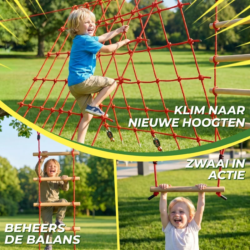 AIYAPLAY Ninja Line Kinderen 10m Slackline Set met turnringen schommel klimladder klimnet voor 3-6 jaar 1000x300x180 cm Rood
