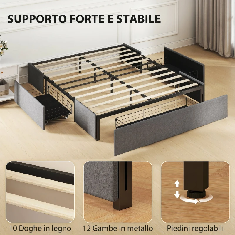 HOMCOM Struttura Letto Matrimoniale a Doghe con 3 Cassetti, in Legno, Poliestere e Metallo, 165x193x30 cm, Grigio