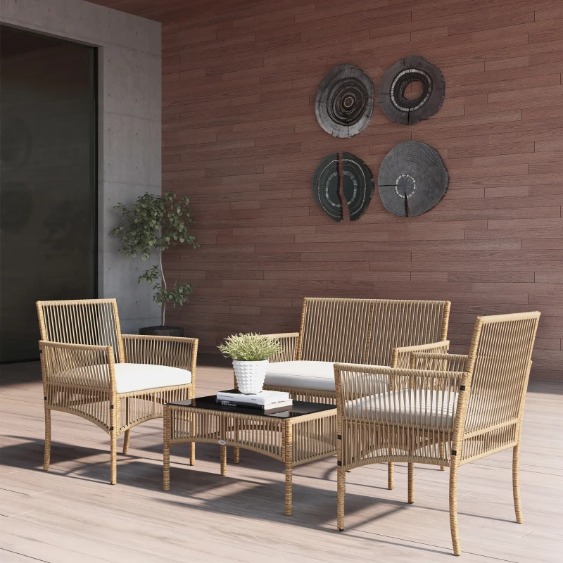 Outsunny Ensemble salon de jardin 4 pièces canapé 2 places 2 fauteuils 1 table basse plateau verre trempé