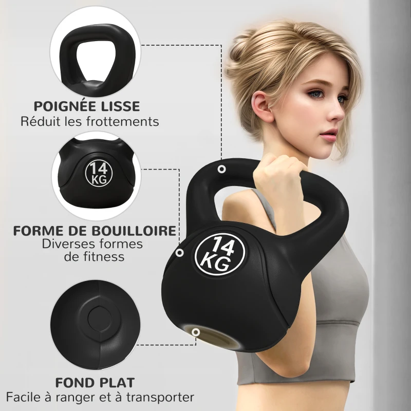 HOMCOM Kettlebell 14 kg, haltère avec poignée ergonomique, haltère à boule, musculation, entraînement, 27 x 21 x 31 cm noir