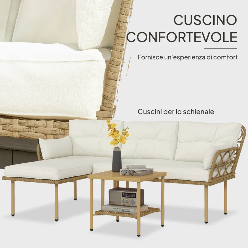 Outsunny Set da Giardino 3pz con Chaise Longue, Divanetto, Cuscini e Tavolino, in Rattan e Acciaio, Bianco Crema e Legno