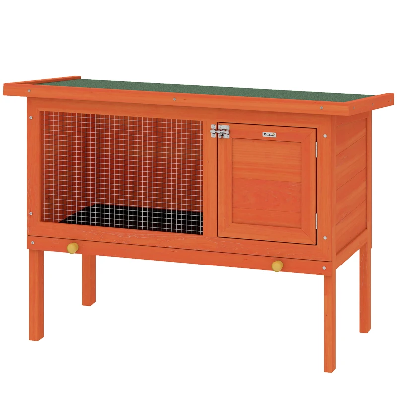 PawHut Conigliera da Esterno in Legno di Pino con Vassoio Estraibile, Tetto Apribile e Porta con Serratura, Arancione