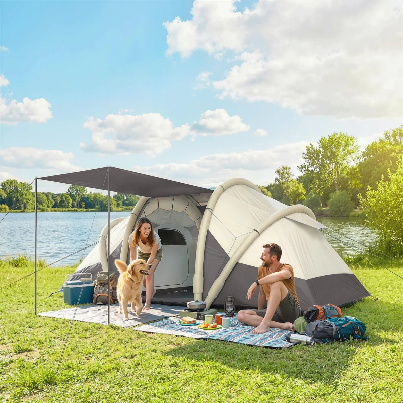 Outsunny Tente Gonflable Camping 2-4 Personnes avec Pompe 2 Chambres et Séjour Imperméable 3000mm 485x245x188cm Gris