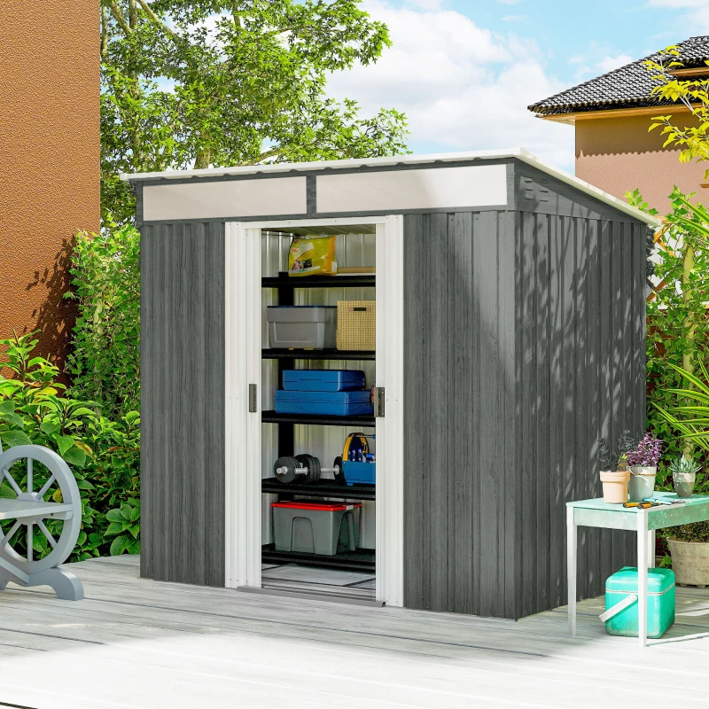 Outsunny Casetta da Giardino con Porte Scorrevoli e Pavimentazione in Acciaio, 195x122x181.5 cm, Grigio Chiaro