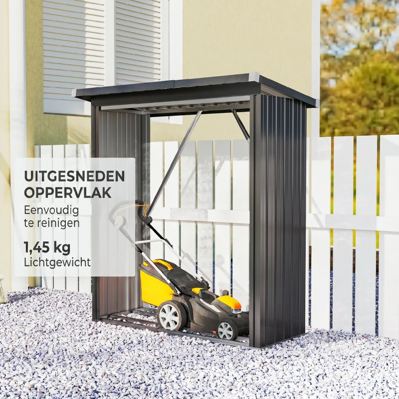 Outsunny Brandhoutschuur met verhoogde bodem, stalen constructie, schuin dak – 150 x 66,5 x 144/150 cm, donkergrijs(m-7)