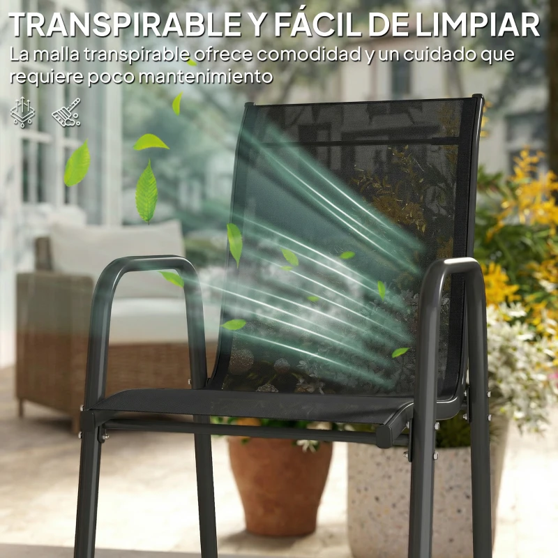 Outsunny Juego de 6 Sillas de Jardín Exterior Apilables con Reposabrazos Asiento y Respaldo de Malla Estructura de Metal Negro