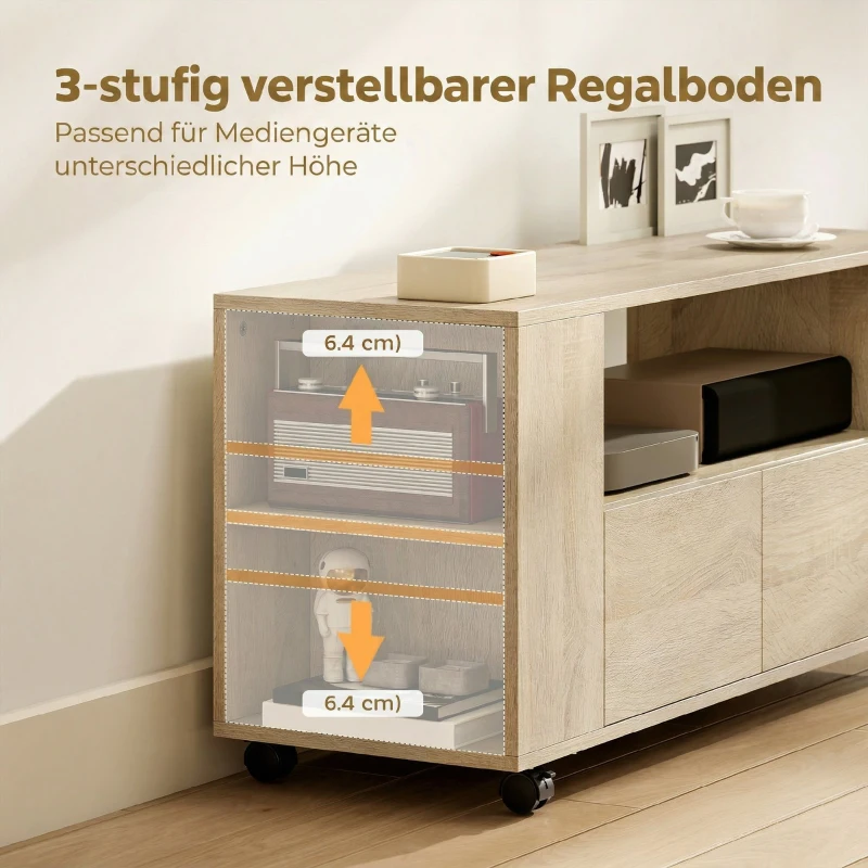 HOMCOM Meuble TV sur roulettes 102 cm, meuble télé pour téléviseur jusqu'à 42 pouces, 2 tiroirs, compartiments ouverts, naturel(m-6)