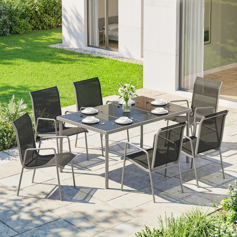 Outsunny Salon de Jardin 6 Personnes Ensemble Table et Chaises Jardin avec Chaises Empilables en Textilène 70x51x87cm Argent