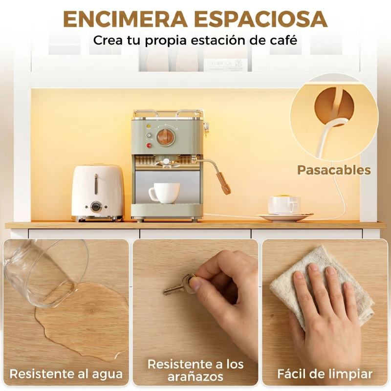 HOMCOM Alacena de Cocina con Iluminación LED Control por APP Encimera para Microondas Botellero Puertas de Vidrio Blanco