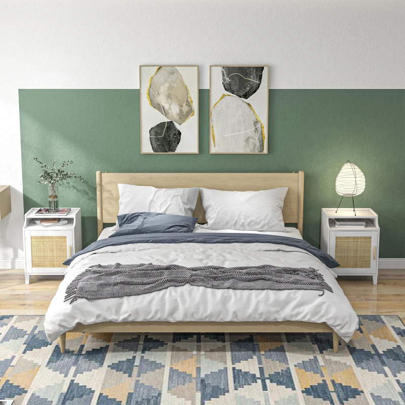 HOMCOM Lot de 2 tables de chevet table de nuit avec placard porte rotin tissé + niche design bohème naturel blanc