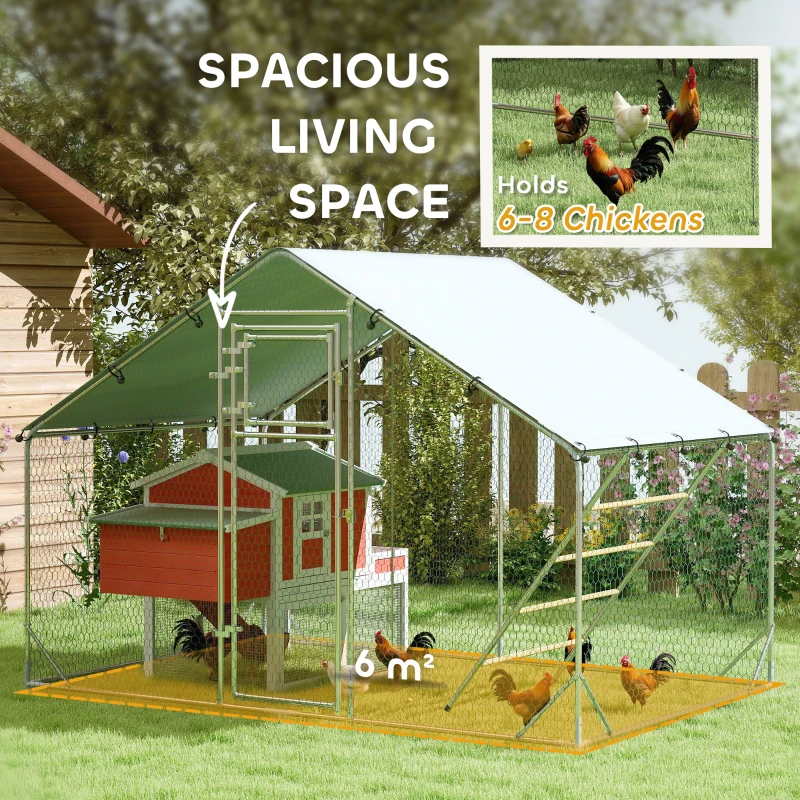 PawHut Walk in Chicken Run w/ Cover, Feeding Door, Hanging Feeder, Perch, for 6-8 Poultry