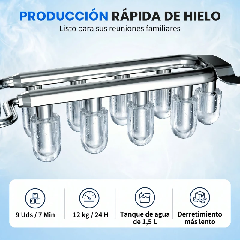 HOMCOM Máquina de Cubitos de Hielo Autolimpiable 12 kg/24H 9 Cubitos Listos en 7 Minutos 2 Tamaños de Hielo 1,5L Depósito Azul