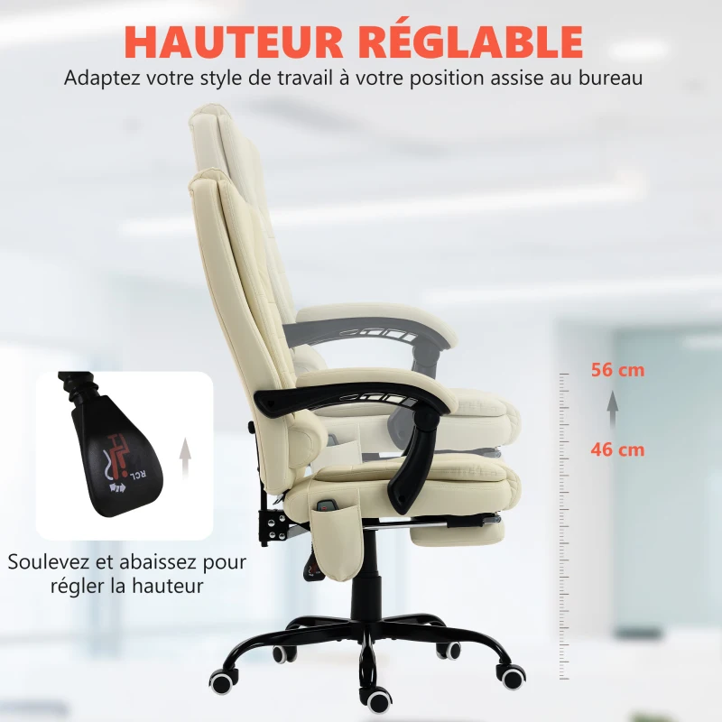 Vinsetto Fauteuil de bureau massant, chaise de bureau avec hauteur réglable, dossier inclinable et télécommande filaire, beige