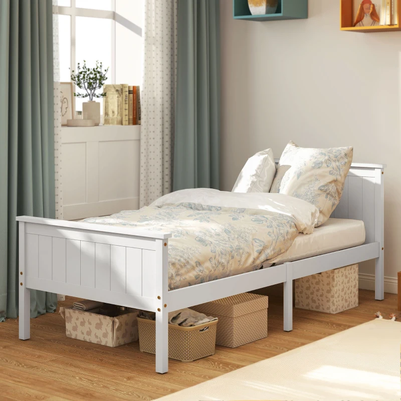 HOMCOM Cadre de lit 90 x 200 cm, lit simple en bois massif avec sommier à lattes tête et pied inclus, assemblage facile, blanc