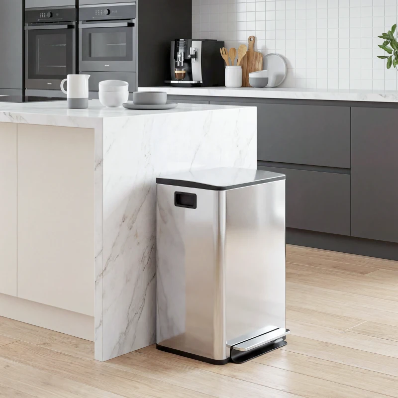 HOMCOM Poubelle de cuisine 2 compartiments de 2 x 20L, avec pédale, en acier inoxydable, couvercle à fermeture douce