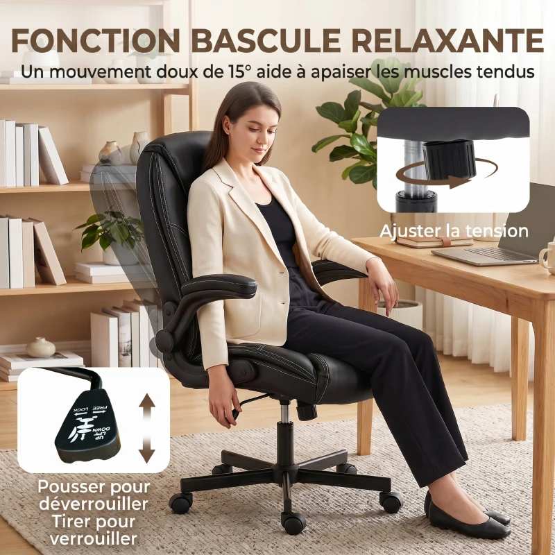 HOMCOM Chaise bureau ergonomique fauteuil de bureau accoudoirs relevables hauteur réglable fonction bascule noir