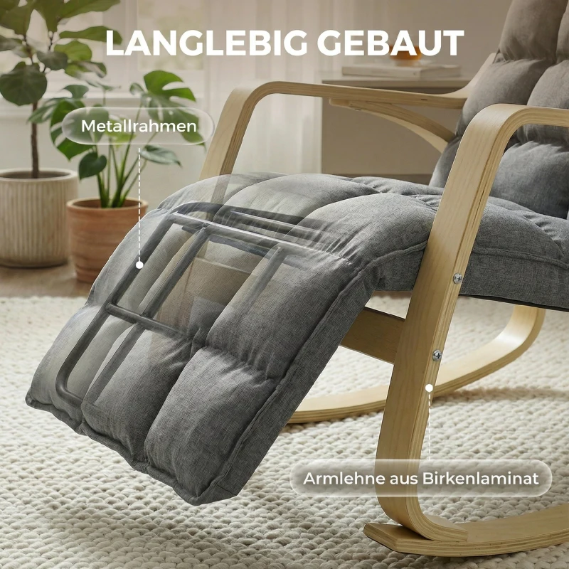 HOMCOM Schaukelstuhl mit verstellbarer Fußstütze, gepolsterter Relaxstuhl, Grau