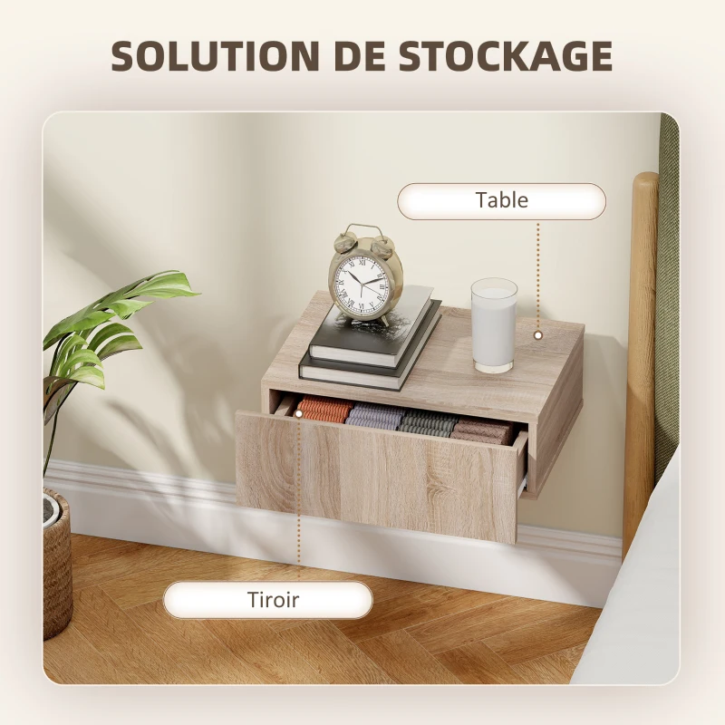 HOMCOM Lot de 2 tables de chevet murales, tables de nuit suspendues avec tiroir coulissant, 40 x 30 x 15 cm, chêne