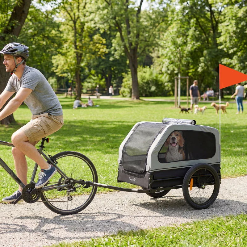 PawHut Reboque de Bicicleta Dobrável para Cães de Porte Médio até 20 kg com Rampa Rebatível Refletores Guia Bandeira Cinza