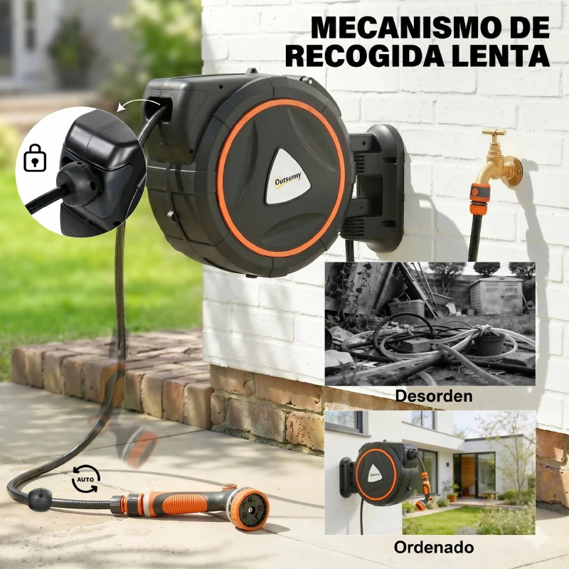 Outsunny Carrete de Manguera Retráctil 23+2 m con 12 Modos de Rociado Bloqueo Automático Retracción Controlada Soporte Naranja