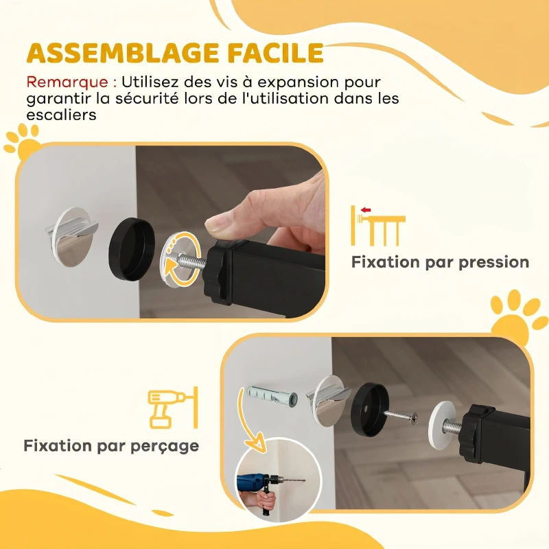 PawHut Barrière de sécurité animaux porte fermeture automatique système de double verrouillage sans perçage 3 extensions noir(m-7)