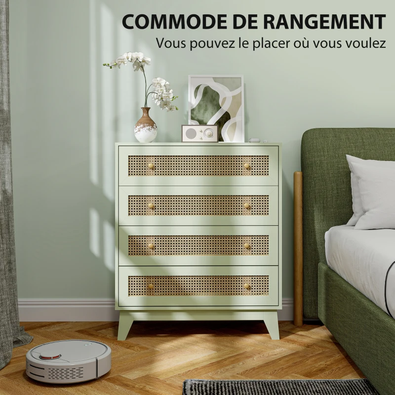 HOMCOM Commode 4 tiroirs meuble de rangement cannage en rotin aspect bois clair 80 x 35 x 95 cm vert