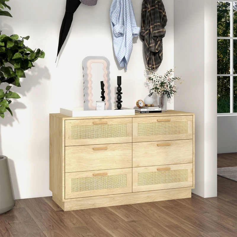 HOMCOM Commode design bohème en rotin avec 6 tiroirs, meuble de rangement pour le salon, le couloir, l'entrée, chêne