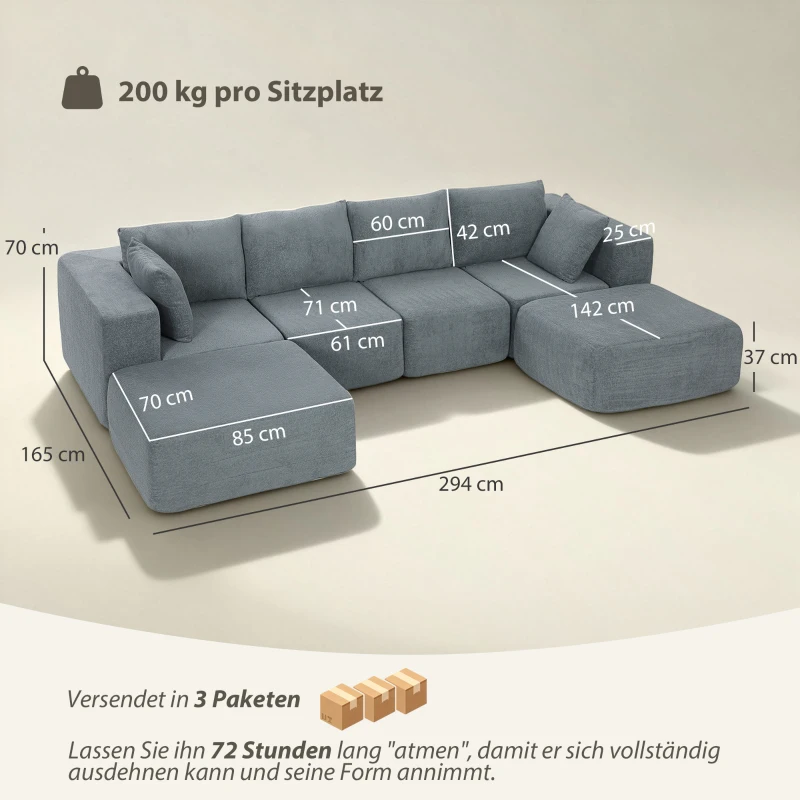 HOMCOM Modulares Ecksofa, U-Form Sofa mit breitem und tiefem Sitz, 2 Hocker, dunkelgrau
