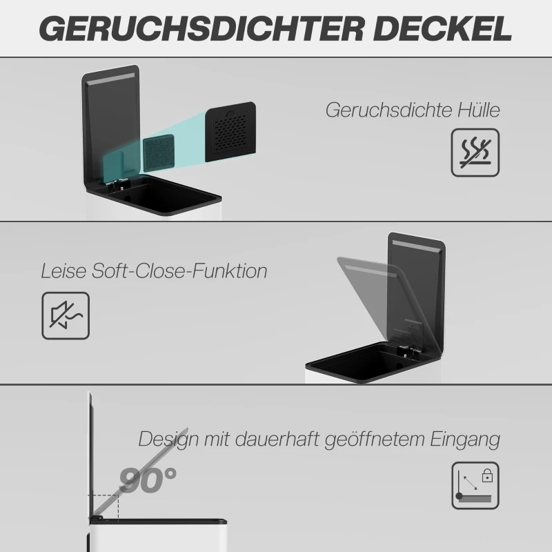 HOMCOM Mülleimer 20L, Soft-Close-Deckel, Deodorant-Fach, Fingerabdrucksicher, Edelstahl, Weiß