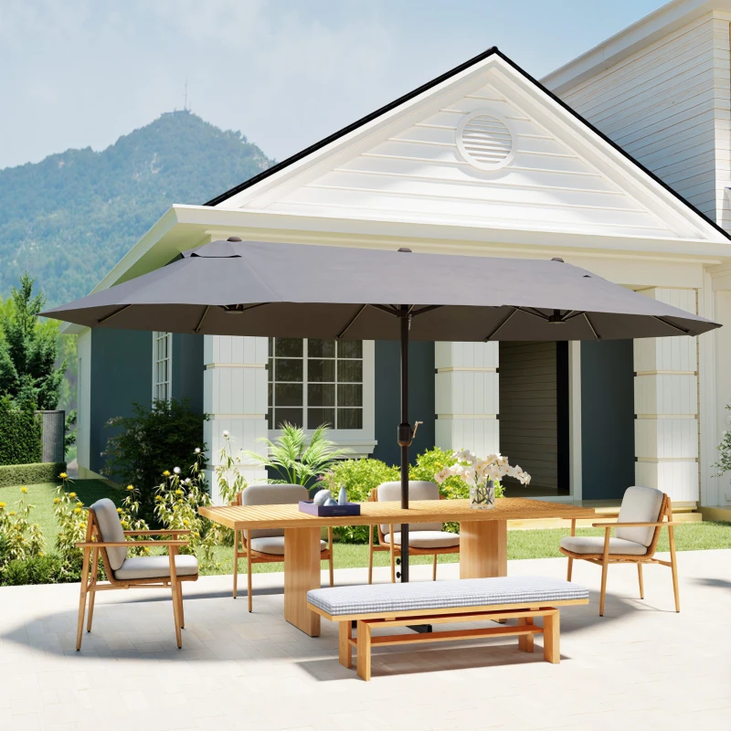 Outsunny Ombrellone Doppio a 12 Stecche con Base a Croce e Manovella, in Acciaio e Poliestere, 455x265x238 cm, Grigio