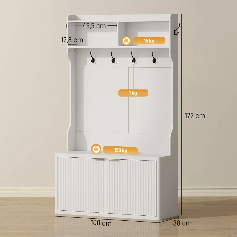 HOMCOM Perchero Zapatero 4 en 1 Perchero Moderno con Estante Abierto para Pasillo Entrada Dormitorio 100x38x172 cm Blanco