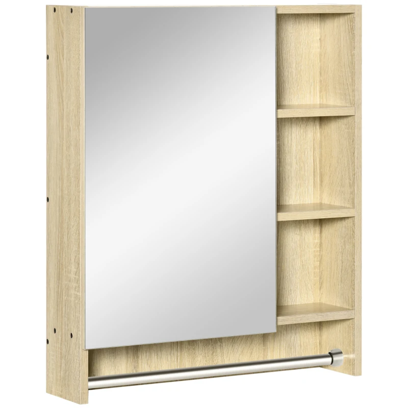 kleankin Armario de Baño de Pared con Espejo Estantes Ajustables y Toallero Diseño Compacto para Lavabo o WC 60x15x70 cm Roble