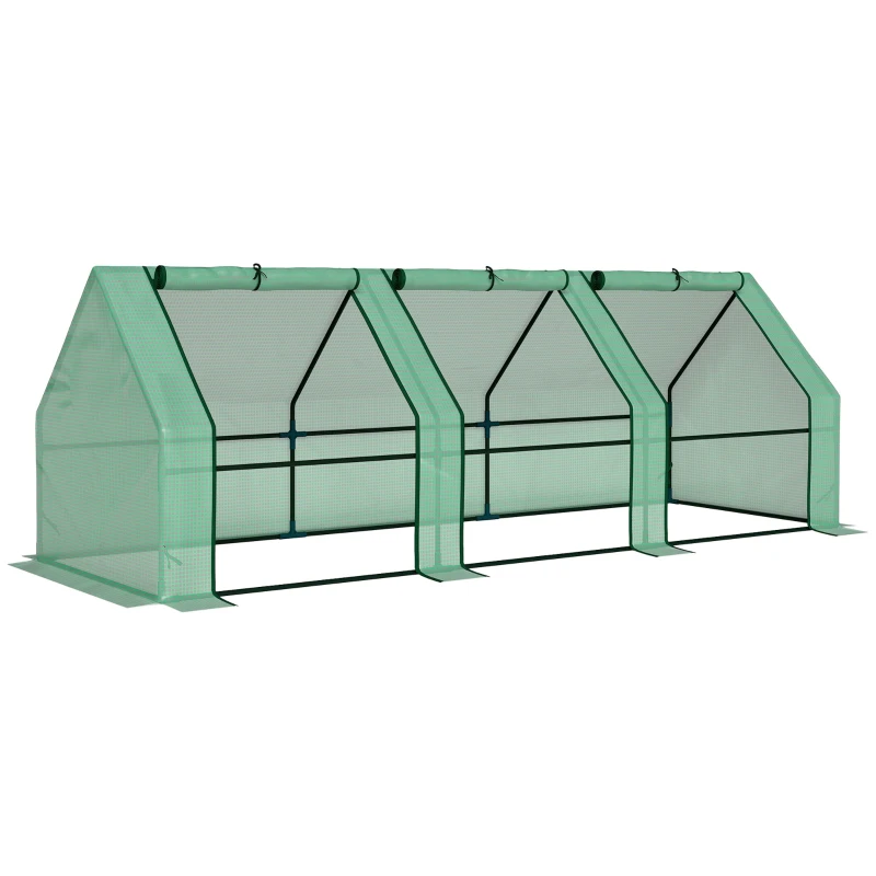 Outsunny Mini Serre de Jardin mini serre tunnel 270L x 90l x 90H cm cm toit pointu Acier PE Haute densité 140 g/m² Anti-UV 3 fenêtres avec Zip enroulables Vert