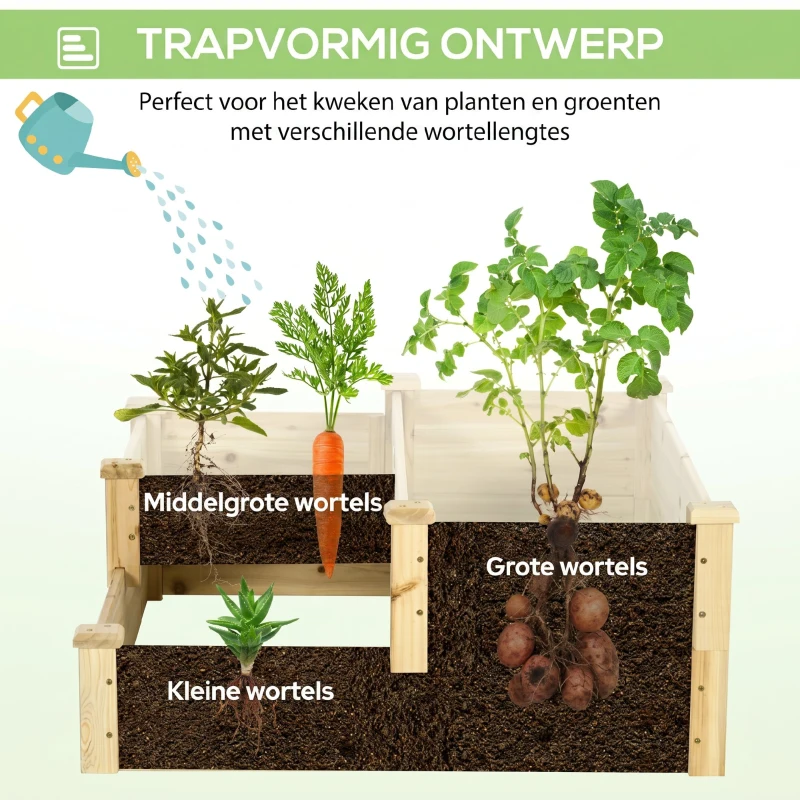 Outsunny Verhoogd bed met 3 plantenbakken, 3-laags ontwerp, open bodem, 108 cm x 88 cm x 36 cm, naturel
