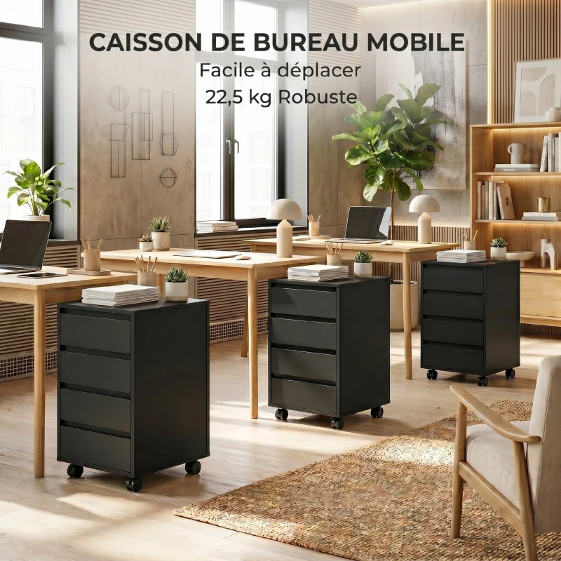 HOMCOM Corp mobil pentru birou, depozitare pe roți, 4 sertare glisante, aspect lemn negru