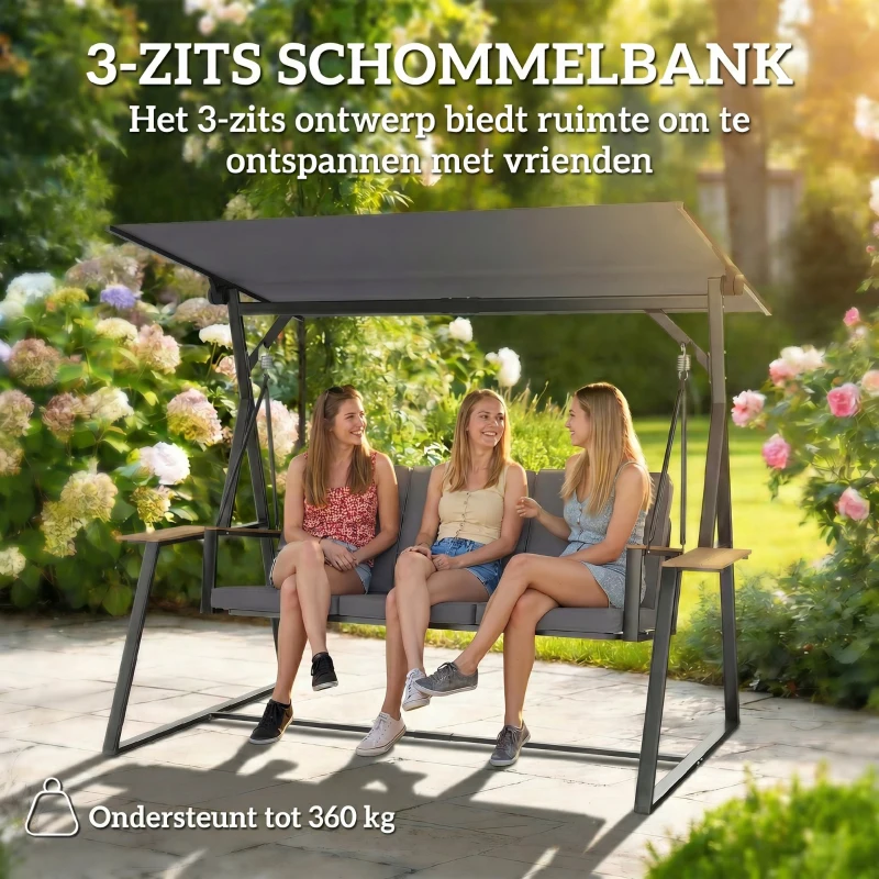 Outsunny 3-persoons tuinschommel met verstelbaar dak, kussens en drankhouders, 360 kg draagkracht, Grijs