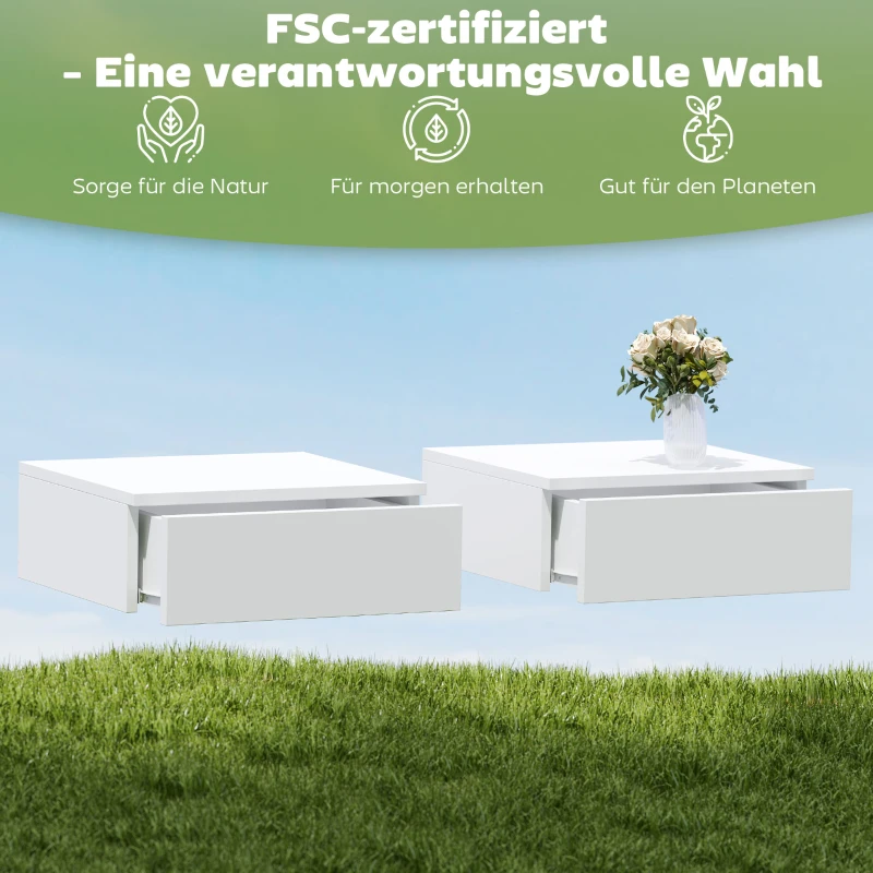HOMCOM 2er-Set Nachttische, wandmontiertes Design, Schublade, für Schlafzimmer, Spanplatte, Weiß