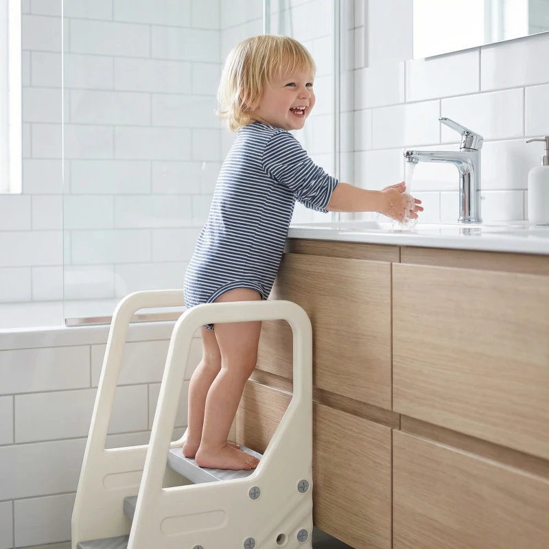 AIYAPLAY Kinder-Tritthocker, von 3 auf 2 Stufen verstellbar, mit Handgriff, Rutschfest, für verschiedene Räume, Kunststoff, Grau