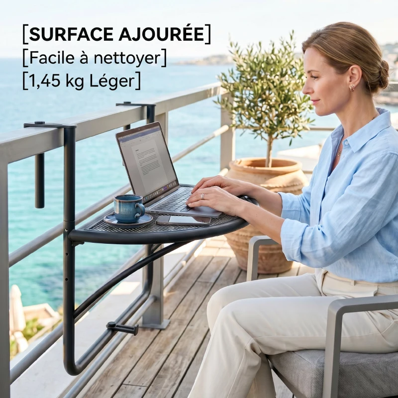 Outsunny Table Suspendue pour Balcon dim. 60L x 45l cm Hauteur réglable 3 Niveaux métal époxy Noir