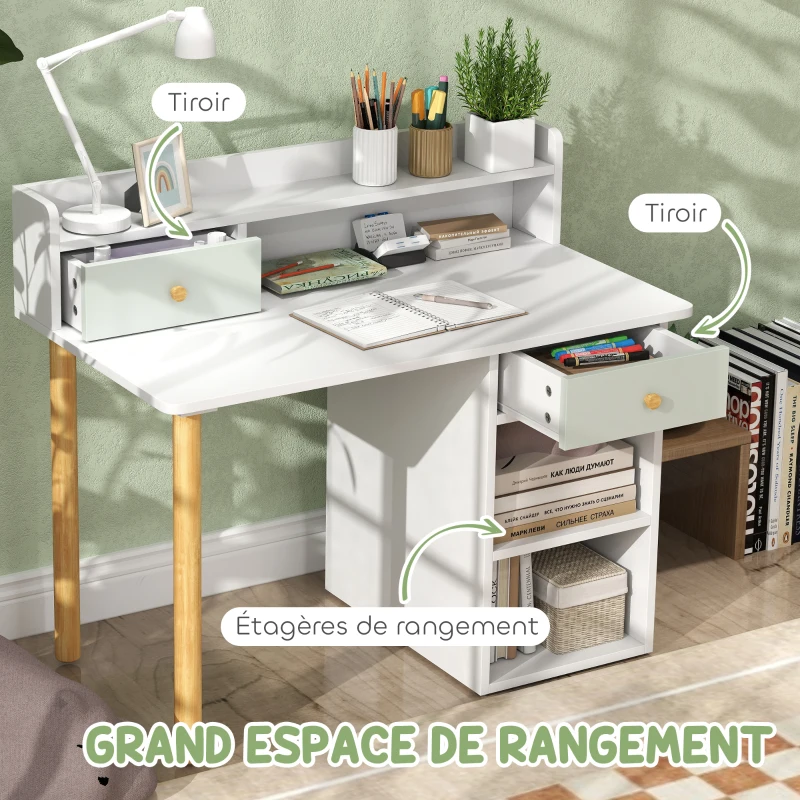 AIYAPLAY Bureau enfant avec chaise, table enfant et chaise avec 2 tiroirs et étagères ouvertes, 85 x 48 x 73 cm, vert