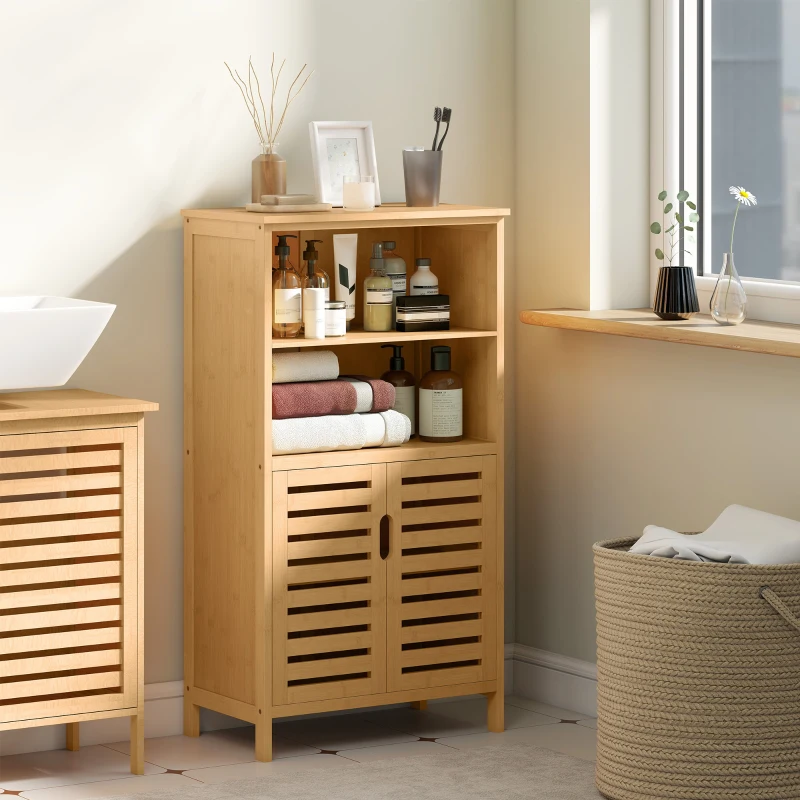 kleankin Meuble de rangement salle de bain en bambou avec 2 portes ajourées et 2 compartiments 50 x 29 x 92 cm naturel