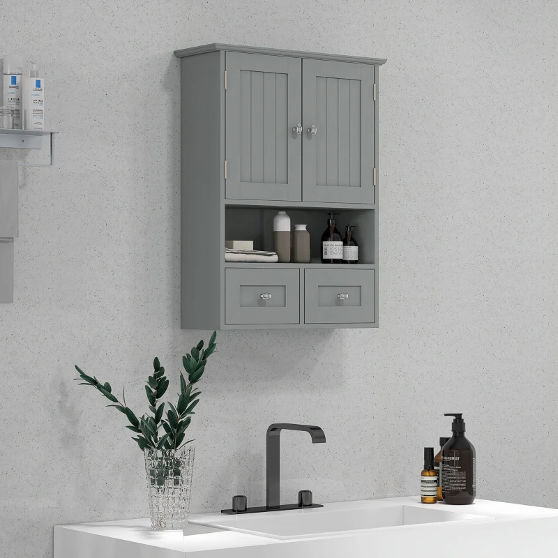kleankin Armoire murale de salle de bain, armoire de toilette, avec portes, étagère, 2 tiroirs, 50,8l x 17,8P x 66H cm, gris