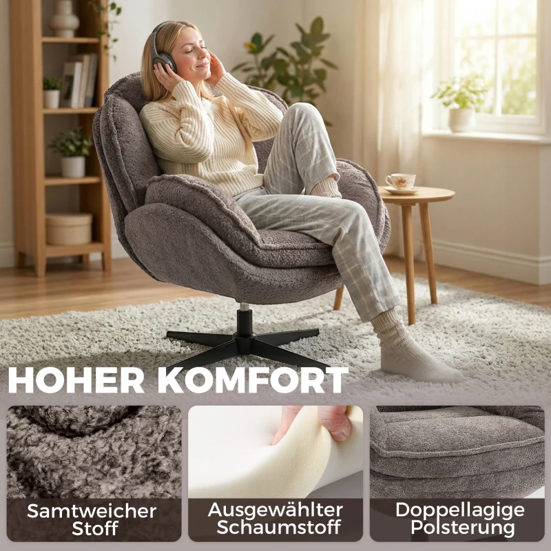 HOMCOM Moderner Wingback-Sessel, Samt-Armlehnsessel mit Vier-Sterne-Basis, S-Federn, 360° Drehfunktion, Grau