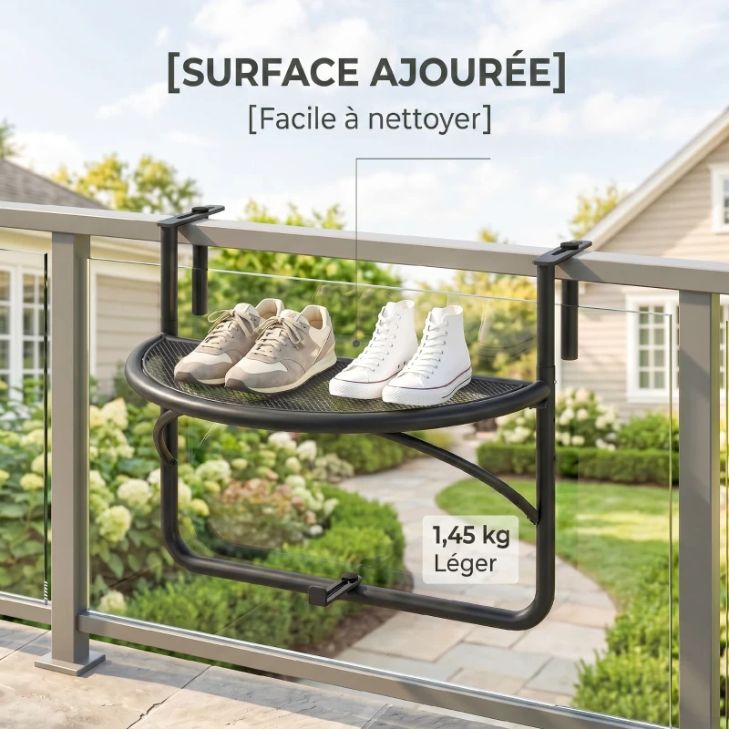 Outsunny Table Suspendue pour Balcon dim. 60L x 45l cm Hauteur réglable 3 Niveaux métal époxy Noir