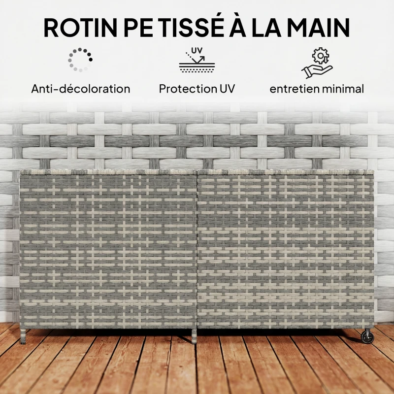 Outsunny Coffre de jardin en résine tressée, coffre de rangement extérieur 650 L imperméable avec doublure zippée