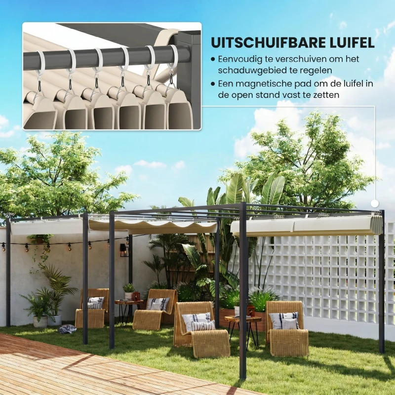 Outsunny 3 x 3 m Tuin-Pergola met Inklapbaar Dak, Paviljoen, Baldakijn voor Schaduw, UPF30+, Beige